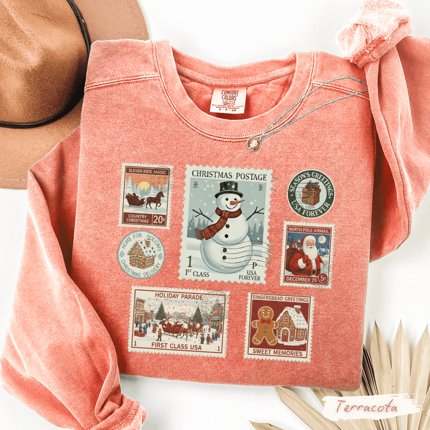 Vintage Postage Stamp Comfort Colors Sweatshirt – Cozy Christmas Crewneck for Women