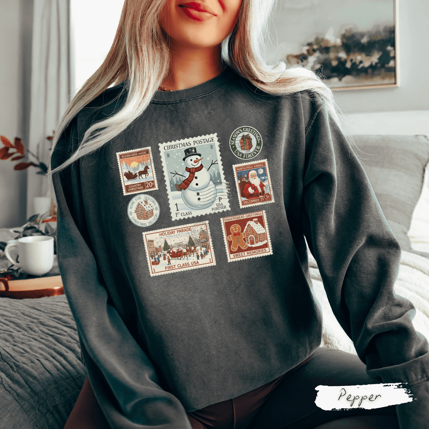 Vintage Postage Stamp Comfort Colors Sweatshirt – Cozy Christmas Crewneck for Women