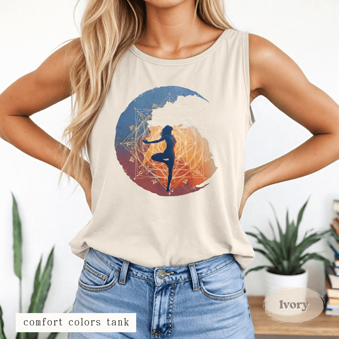Woman wearing Boho Moon Yoga Tank Top – Sacred Geometry Design, ivory Comfort Colors tank