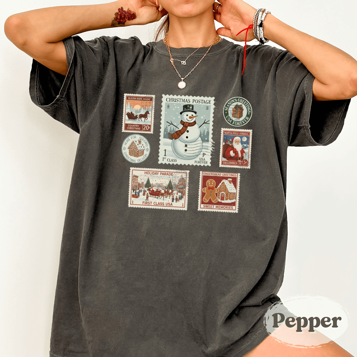 Christmas Postage Stamp Shirt – Comfort Colors Holiday Tee for Women