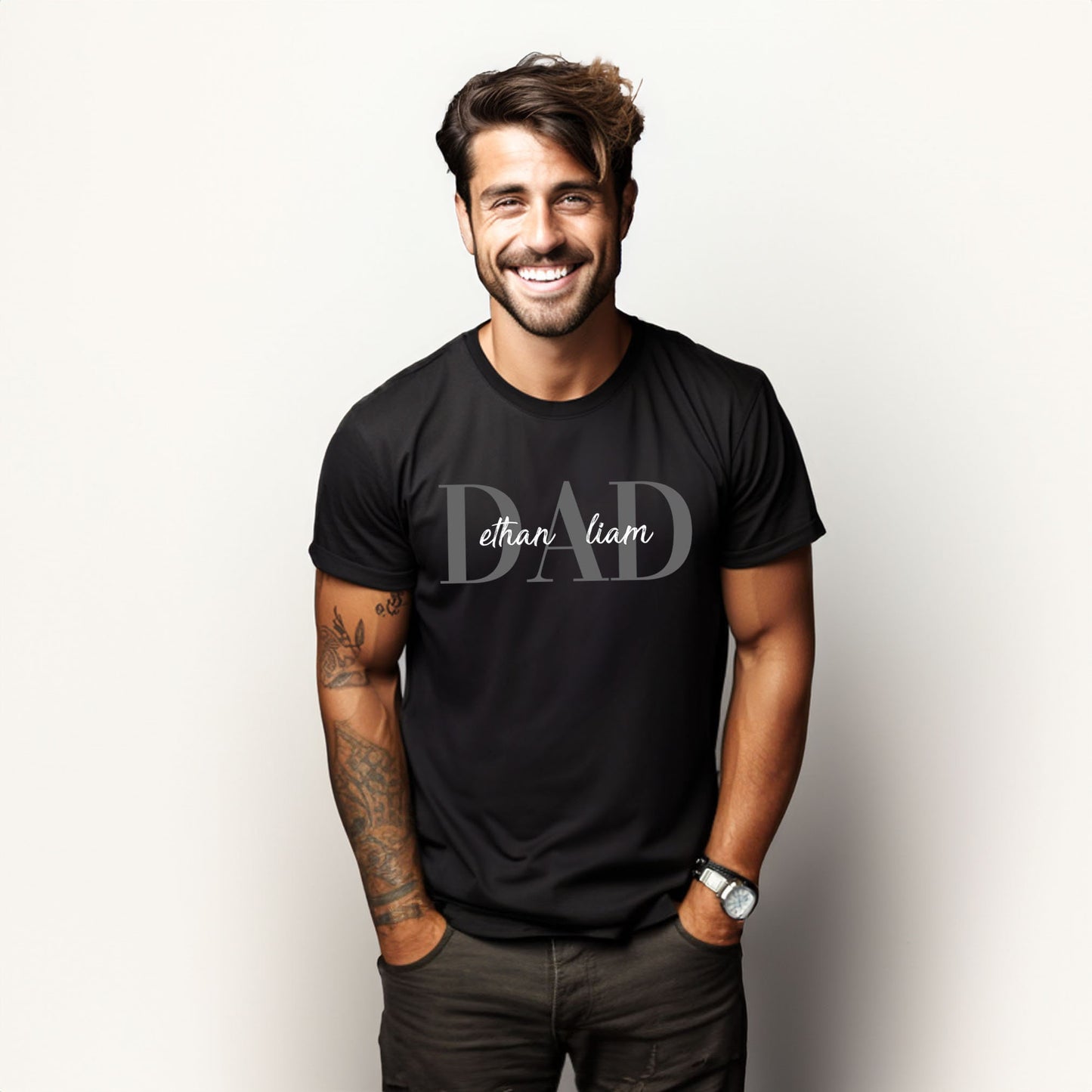 Man wearing Custom Dad Shirt with kids’ names – Personalized Father’s Day Gift by Zazations