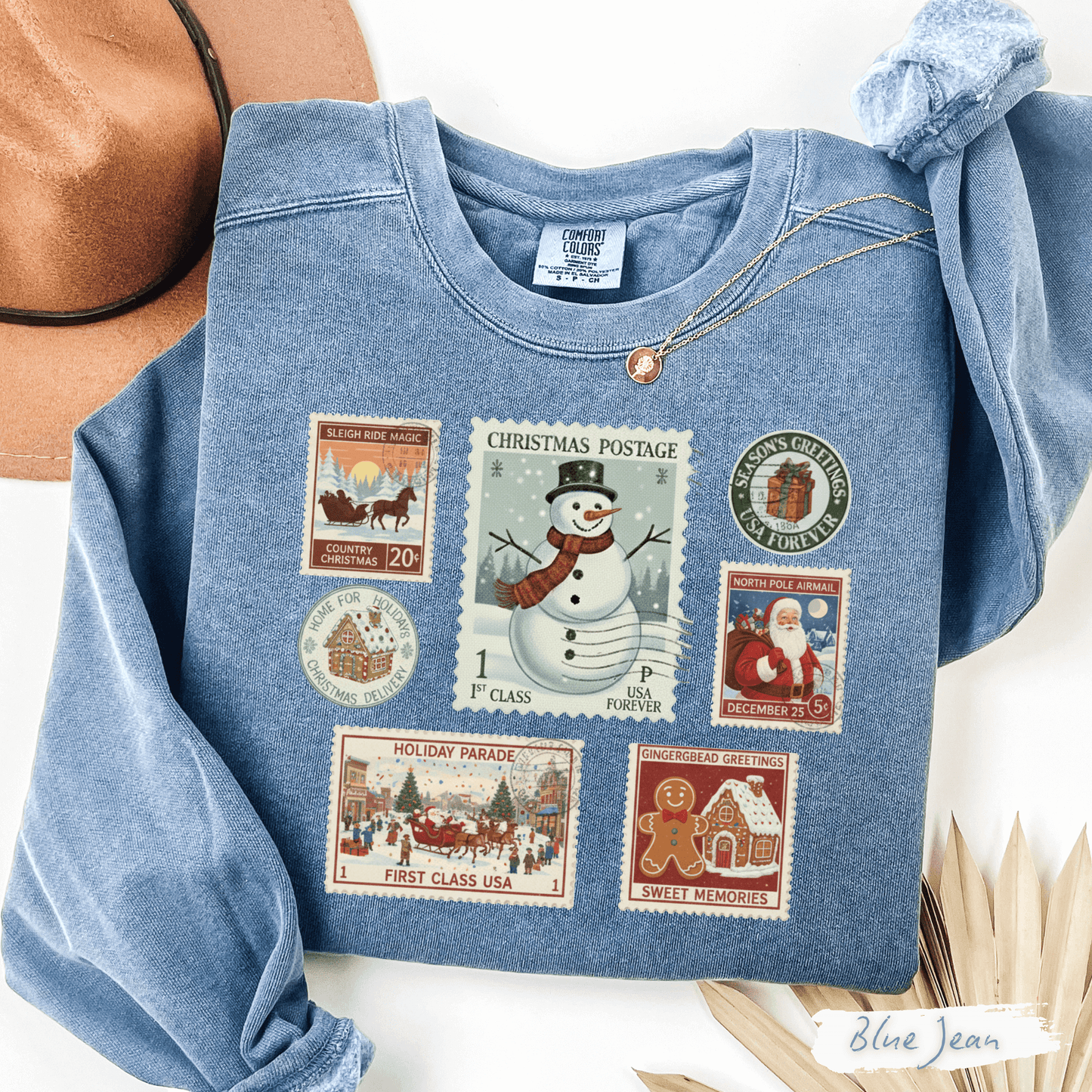 Light blue Vintage Postage Stamp Comfort Colors Sweatshirt – Women’s Christmas Crewneck
