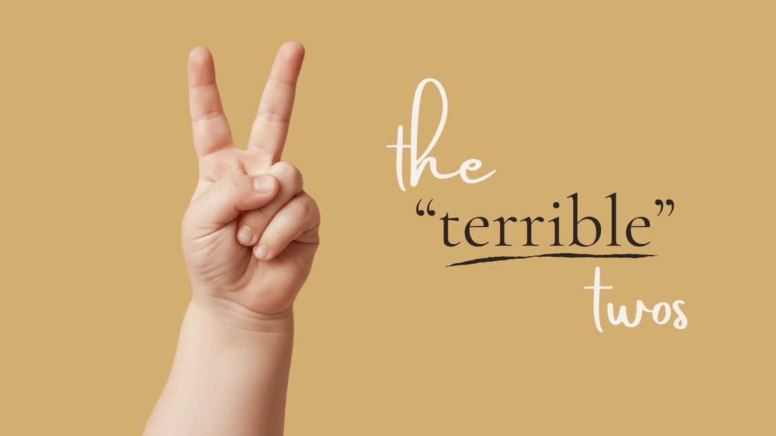 Close-up of a toddler’s hand holding up two fingers, symbolizing the “terrible twos” stage.