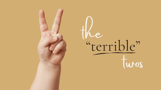 Close-up of a toddler’s hand holding up two fingers, symbolizing the “terrible twos” stage.