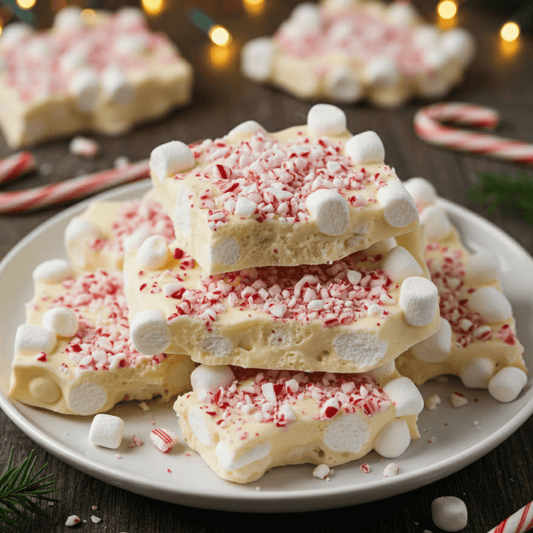 Plate of homemade peppermint marshmallow bark topped with crushed candy canes and mini marshmallows, a quick and festive Christmas dessert.