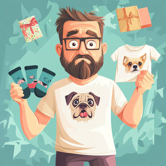 Confused cartoon dad holding socks and a custom dog shirt, wearing a pug tee, surrounded by gift boxes. Funny Father’s Day illustration for pet dads.