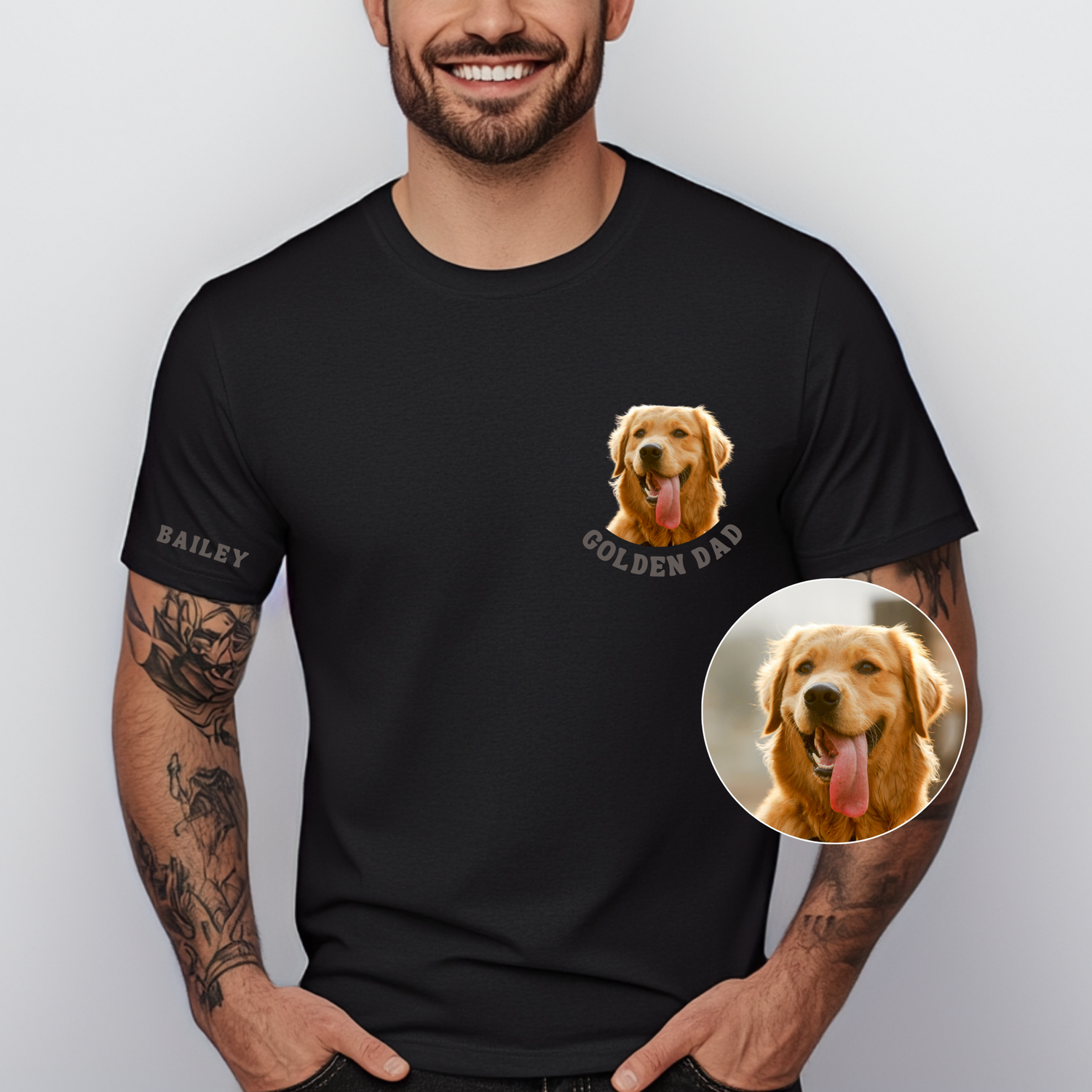 Black t-shirt featuring a custom photo of a Golden Retriever with the text “Golden Dad” under the portrait and the dog’s name “Bailey” printed on the sleeve.