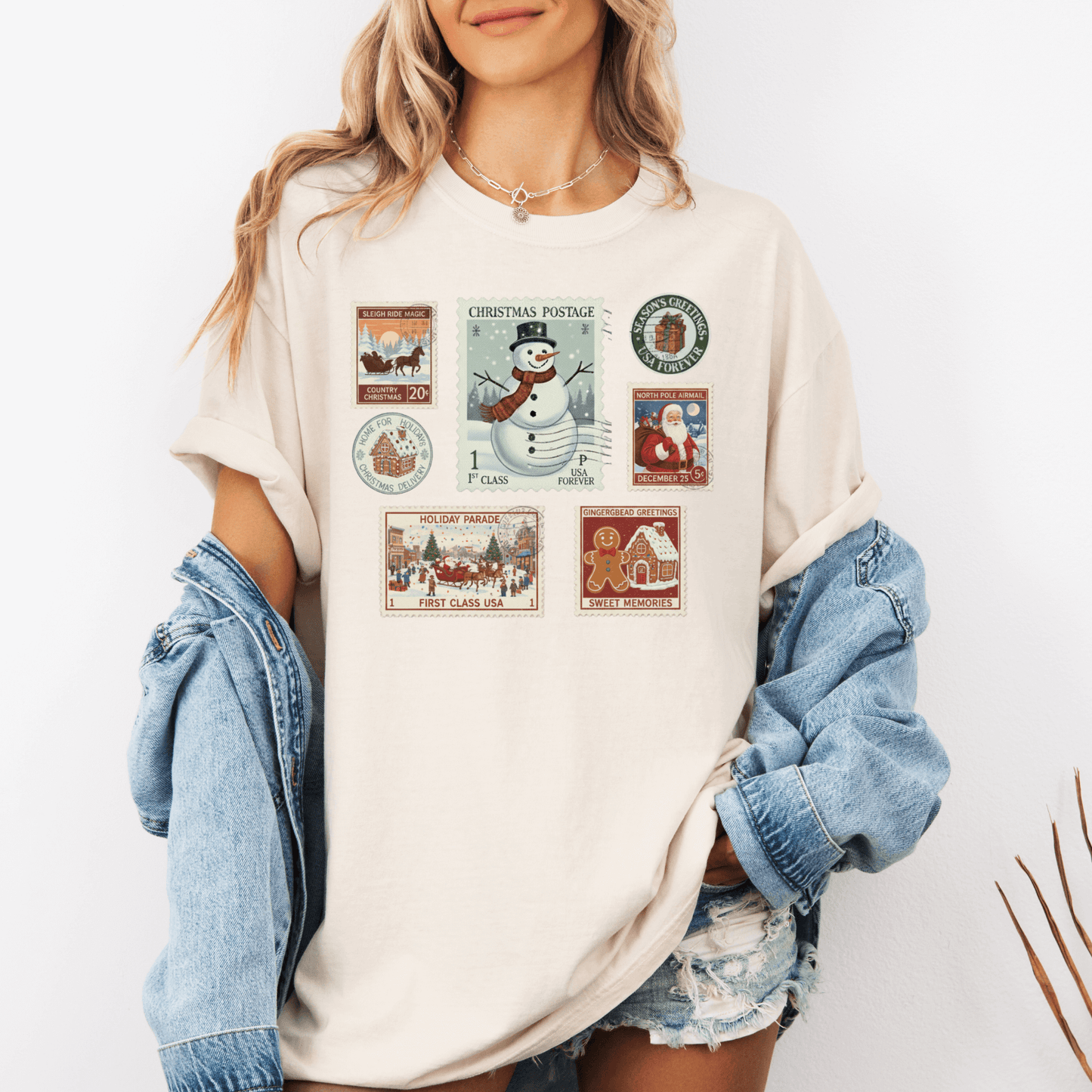 Christmas Postage Stamp Shirt – Comfort Colors Holiday Tee for Women