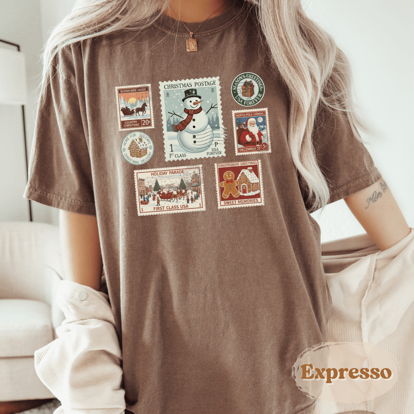 Christmas Postage Stamp Shirt – Comfort Colors Holiday Tee for Women