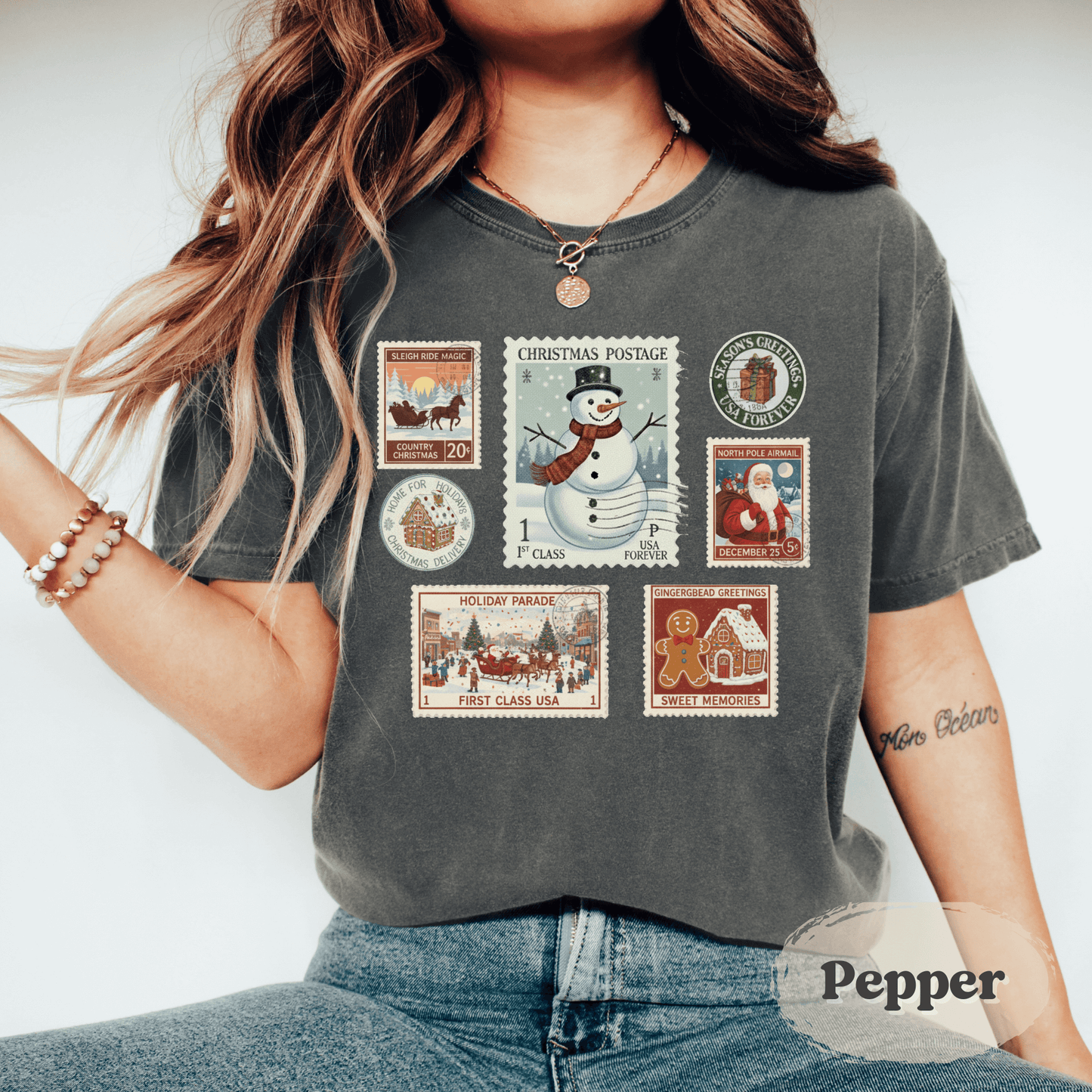 Christmas Postage Stamp Shirt – Comfort Colors Holiday Tee for Women
