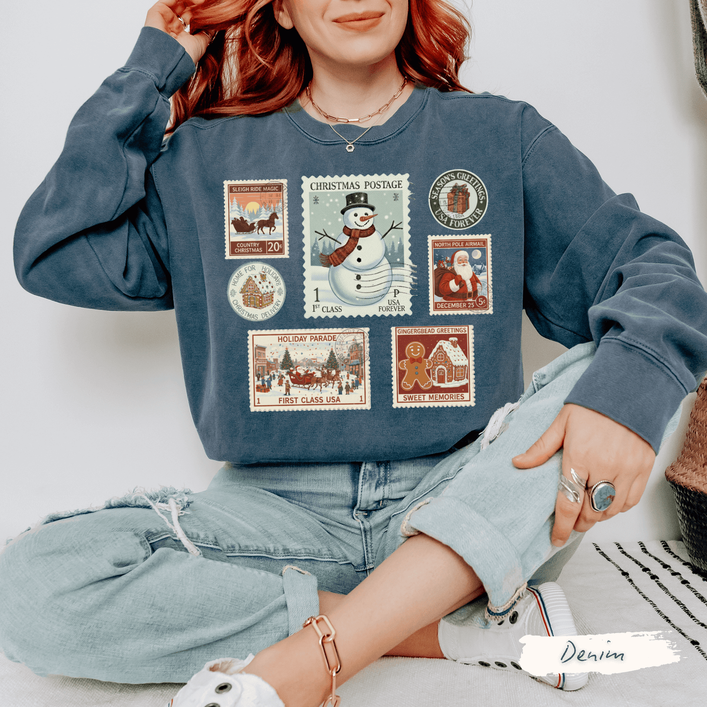 Vintage Postage Stamp Comfort Colors Sweatshirt – Cozy Christmas Crewneck for Women