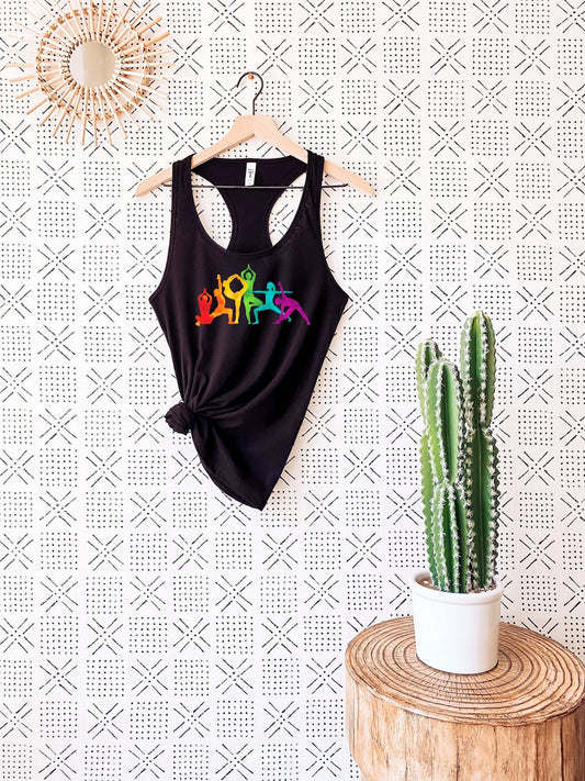 Camiseta sin mangas con posturas de yoga: silueta colorida y regalo de Namaste