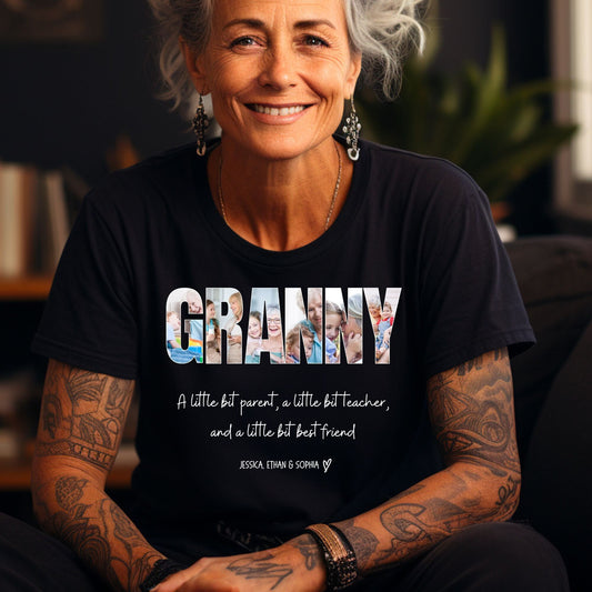 Camiseta personalizada con collage de fotos de la abuela