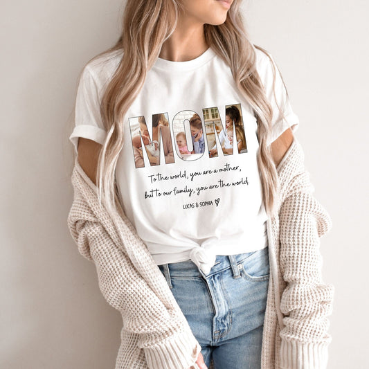 Model wearing Custom Mom Photo Shirt with children’s pictures in MOM letters – Personalized Mother’s Day Gift
