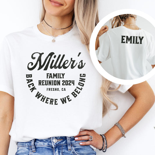 Custom family reunion shirt with "Miller's Family Reunion 2024" and name "Emily" on the back

