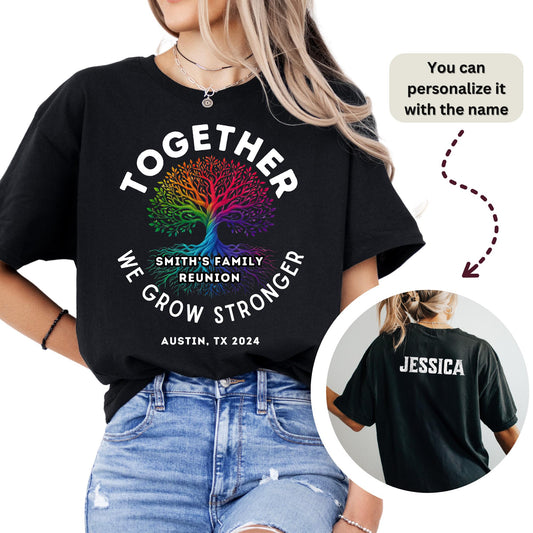 Woman wearing custom family reunion shirt with colorful tree design and personalized name on back, perfect for matching family outfits.


